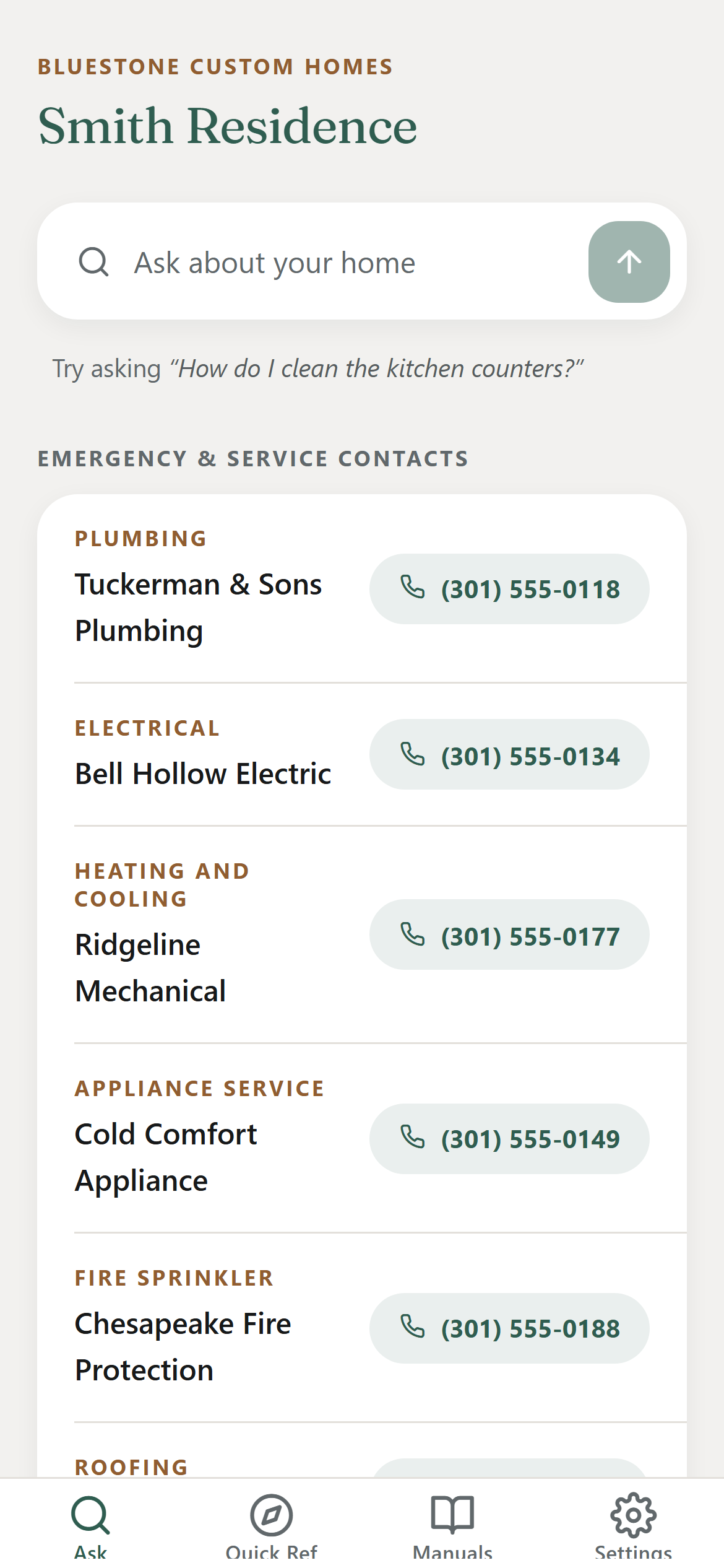 The homeowner app in the builder's brand: Bluestone Custom Homes over the Smith Residence, an ask box with the app's own suggested question under it, and a warranty contacts card listing the trades on the house, plumbing, electrical, heating and cooling, appliance service, each with a button that dials them.