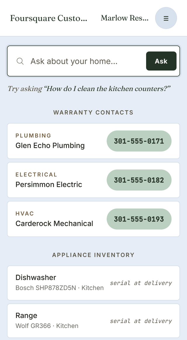 The homeowner app on a phone: an Ask about your home search box, a warranty contacts card listing the plumbing, electrical and HVAC trades with tap-to-call numbers, and an appliance inventory listing each appliance with its make, model and room alongside its serial number.