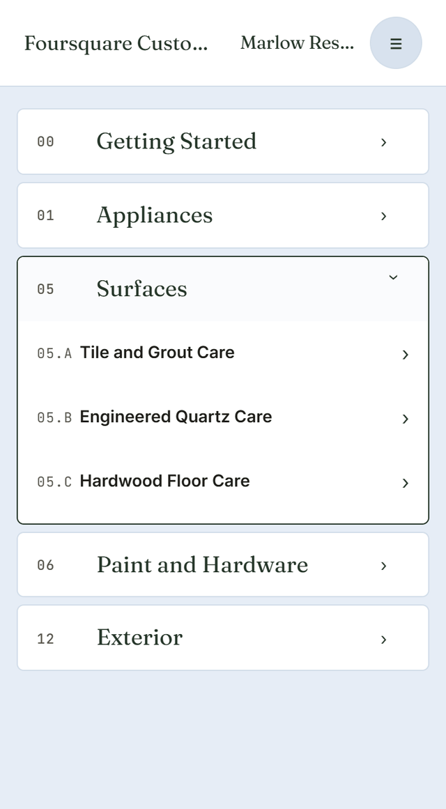 The manuals tab of the app, showing five numbered sections: 00 Getting Started, 01 Appliances, 05 Surfaces opened to three care guides covering tile and grout, engineered quartz and hardwood floors, then 06 Paint and Hardware and 12 Exterior.